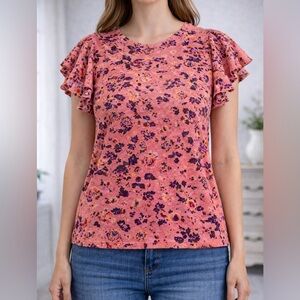 LOFT Floral Blouse Womens Large Pink Ruffle Sleeve Boho Cottagecore Top